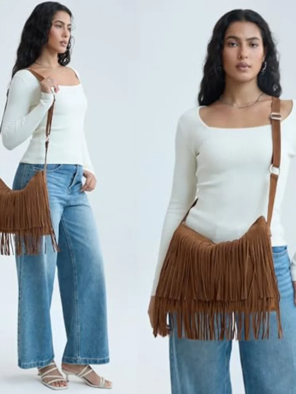 Faux Suede Leather Hobo Cross Body Shoulder Bag with Tassel